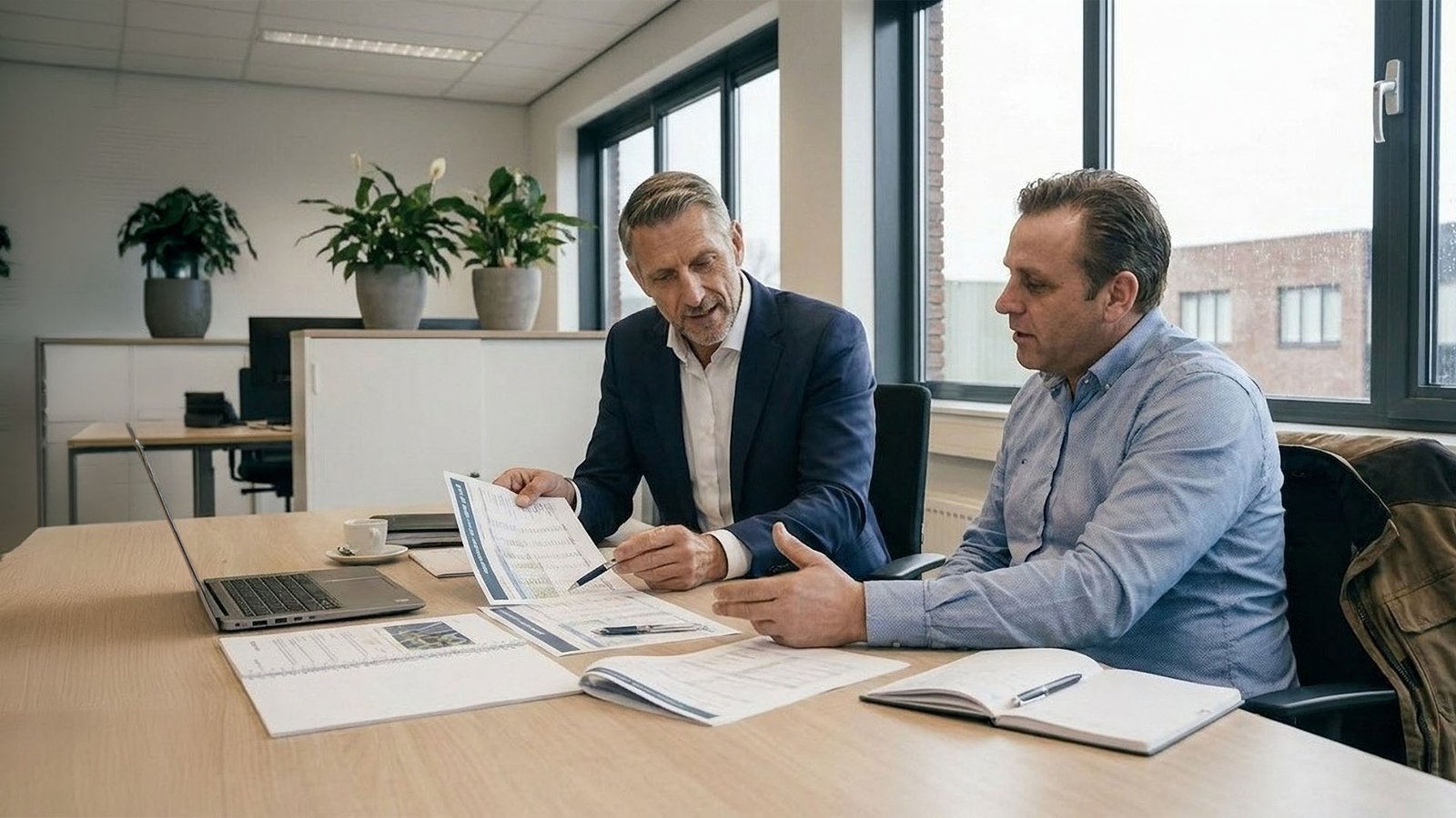 Ondernemer en adviseur bespreken duurzaam energie advies