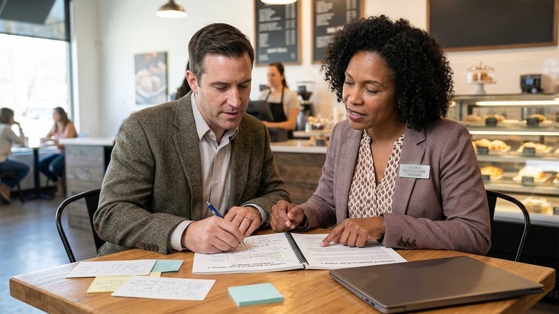 Ondernemer-en-adviseur-bekijken-de-voorwaarden-van-Franchise