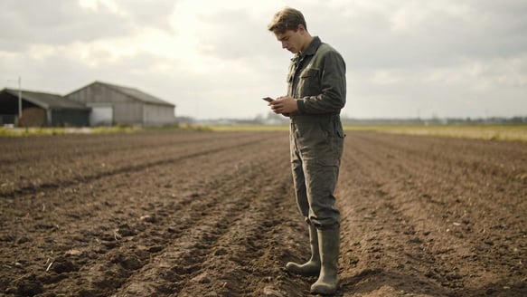 Jonge akkerbouwer kijkt op zijn mobiel